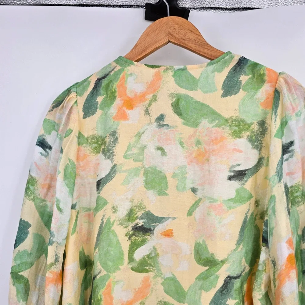 Jade Melody Tam Floral Blouse Green Orange Yellow Impressionist Smocked Cuff S - Picture 4 of 13